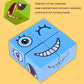 Blue wooden cube puzzle with three smiling character faces on each visible side