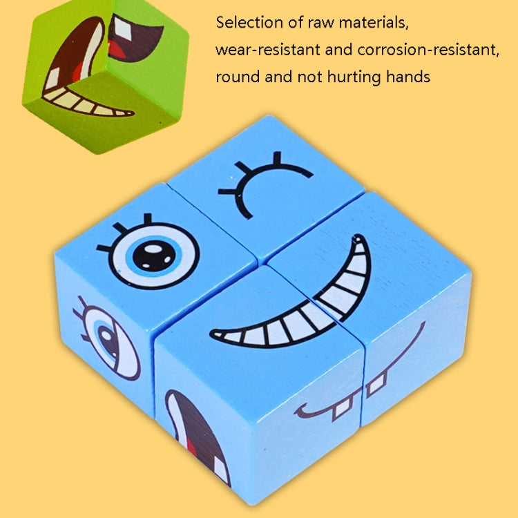 Blue wooden cube puzzle with three smiling character faces on each visible side