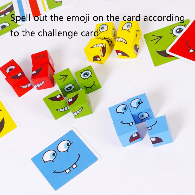 Wooden cube puzzle blocks with emoji faces arranged for a card challenge