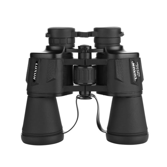 Black binoculars with central focus wheel and textured grip eyecups