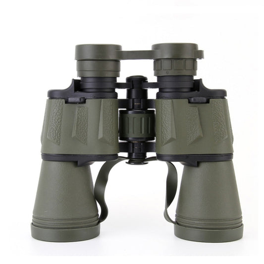 Army green binoculars with central focus wheel and textured grip eyecups