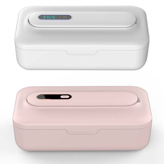 UV sterilization box in white and pink, both lids closed with display panel