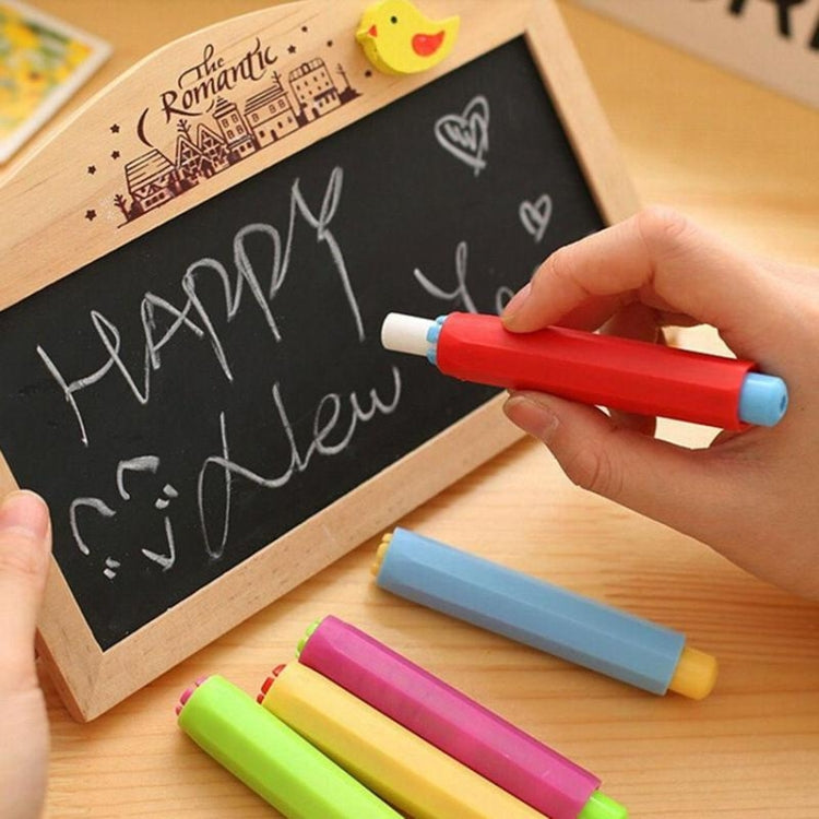 Dustless chalk sticks, red and blue, being used on a small blackboard