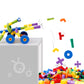 Plastic pipe building blocks: assembled blue-wheeled vehicle with loose colorful parts