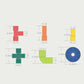 Color-coded plastic pipe building block shapes shown with size dimensions