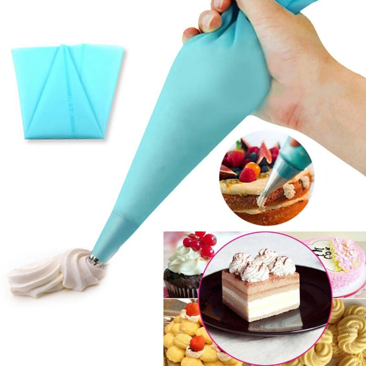 Teal silicone pastry bag with stainless steel piping nozzles and sample icing tips