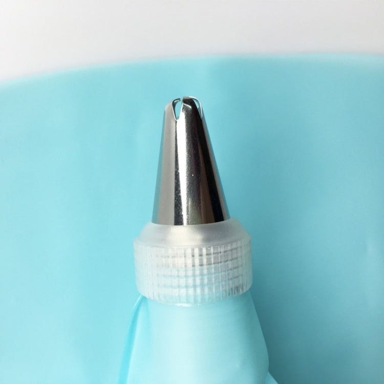 Close-up of stainless steel piping nozzle on teal silicone pastry bag