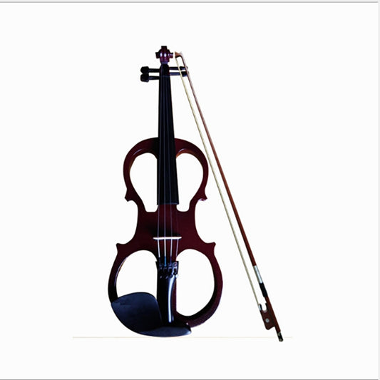 Wine red electronic violin with bow and chinrest, front view