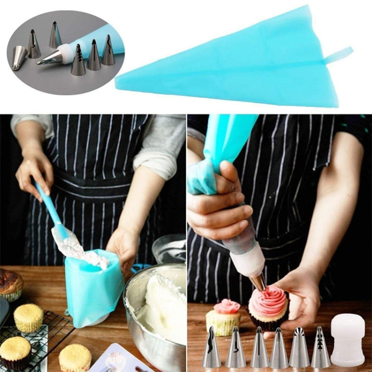 Blue silicone pastry bag with metal decorating nozzle tips