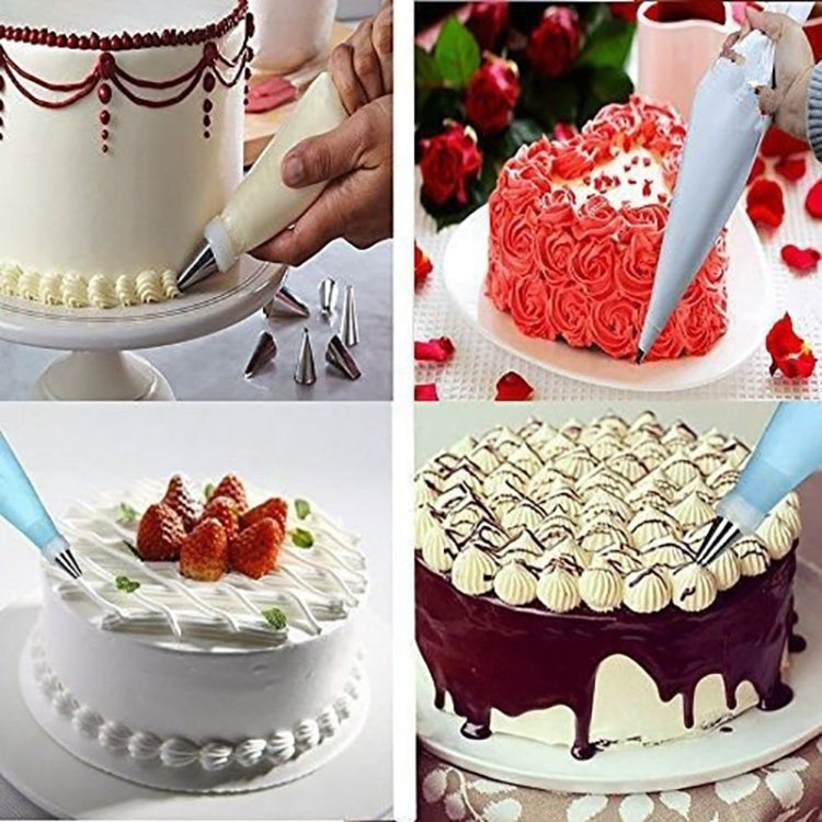 Pastry bag and metal nozzle tips decorating a cake with frosting details