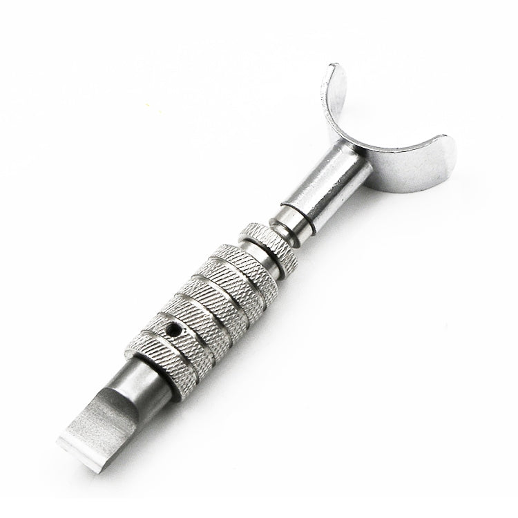 Rotary leather carving knife with curved cutting blade and knurled grip handle