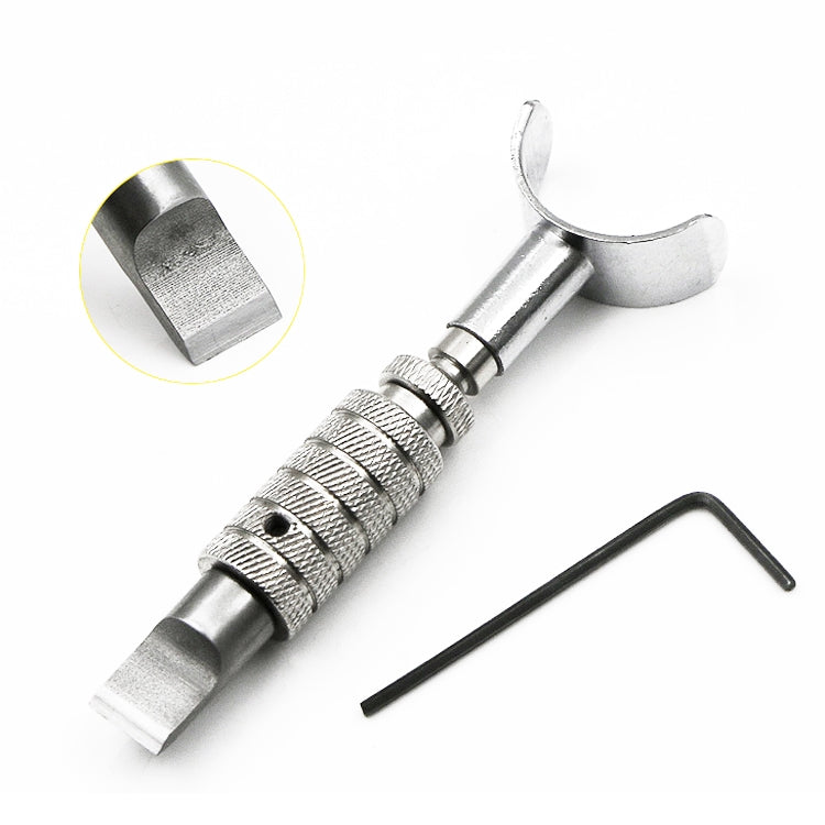 Rotary leather carving knife with knurled grip and included hex wrench for setup