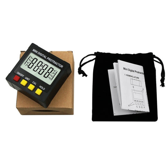 Mini digital protractor kit in box with instruction manual and drawstring storage pouch.