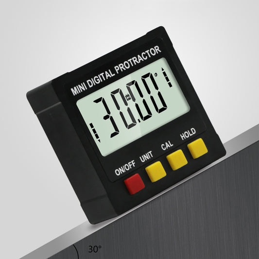 Black mini digital protractor with LCD angle display, ON/OFF, CAL and HOLD buttons.
