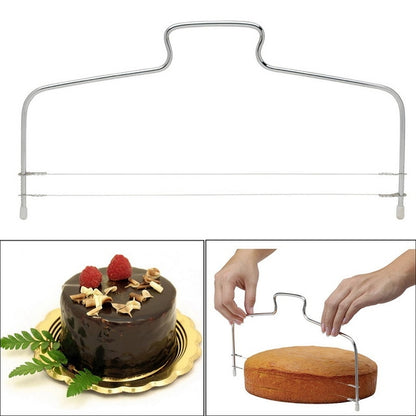 Stainless steel adjustable wire cake cutter with U-shaped frame and leveling pegs