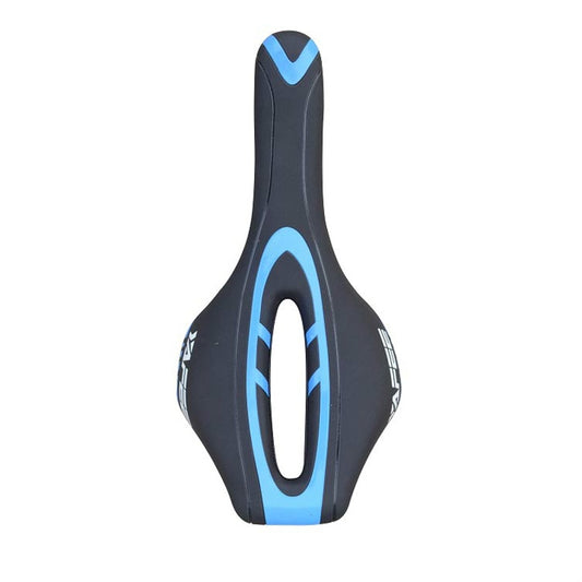 YAFEE mountain bike saddle in dark gray with blue oval cutout and trim