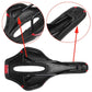 YAFEE mountain bike saddle underside close-up, black shell with red accents and mounting points