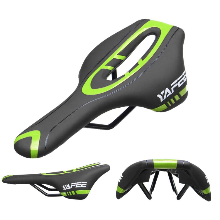 YAFEE mountain bike saddle black with neon green oval cutout and side accent stripes