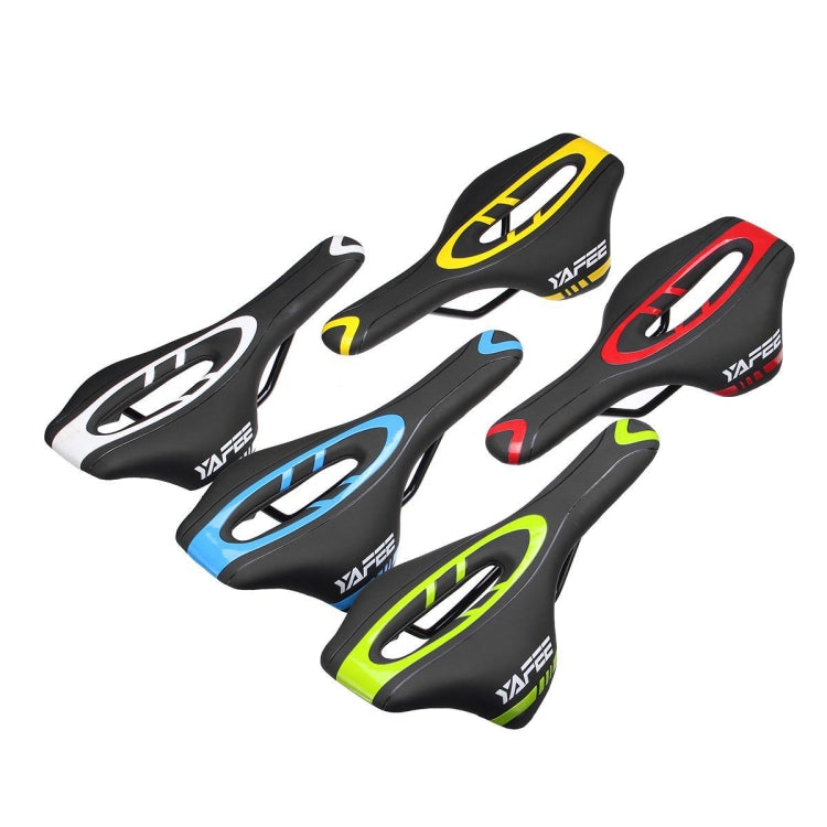 Set of YAFEE mountain bike saddles with mixed yellow, blue, red, and green oval cutouts