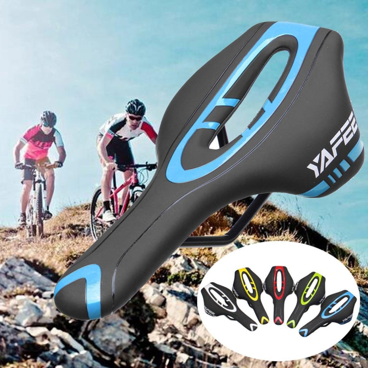 YAFEE mountain bike saddle dark gray with blue oval cutout and trim, inset color options