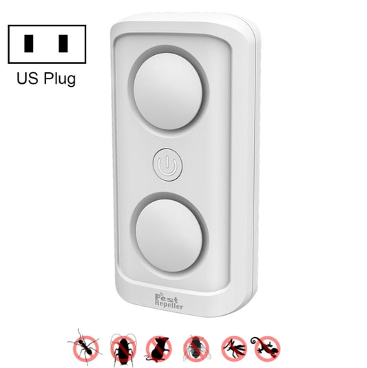 White ultrasonic mosquito repellent with dual speaker controls, US plug