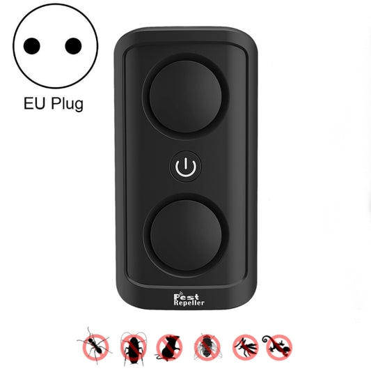 Black ultrasonic mosquito repellent with dual speaker controls, EU plug