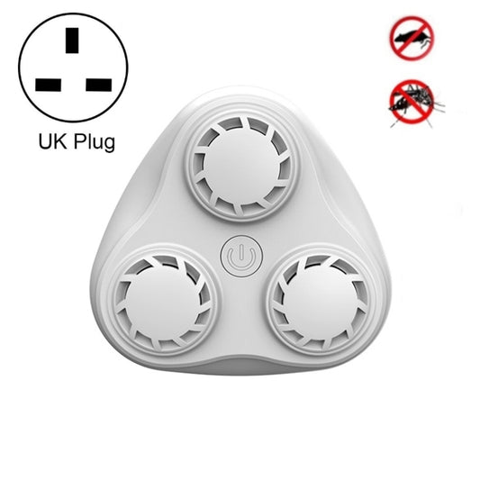 White ultrasonic 3-horn insect repeller with UK plug, triangular speaker design