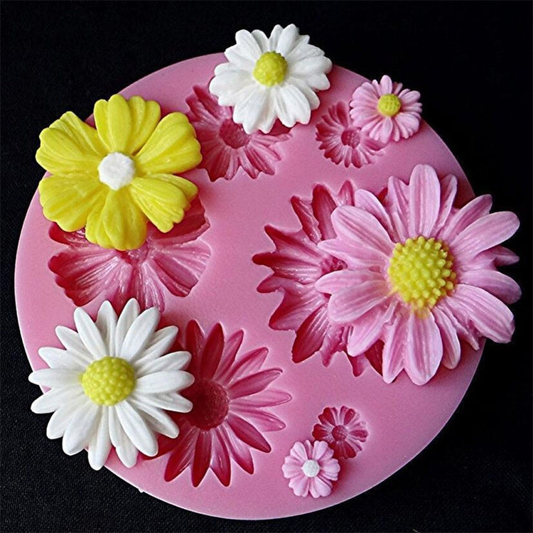 Silicone 3D flower mold set, pink disc with white, yellow, and pink flower cavities