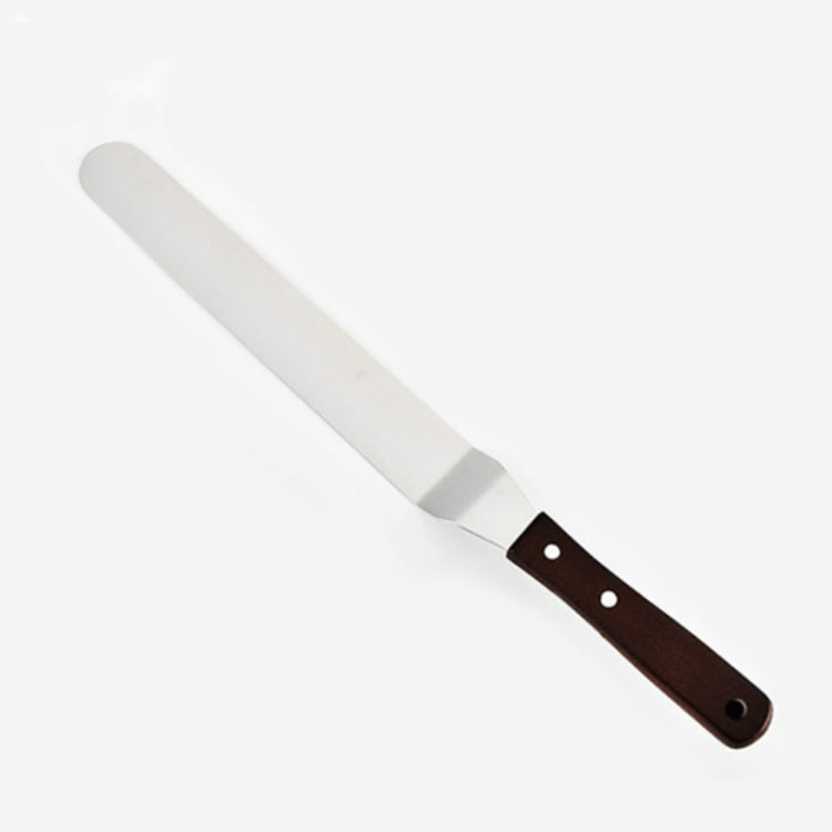 Wood-handled stainless steel spatula icing knife with white blade and 2 holes on handle