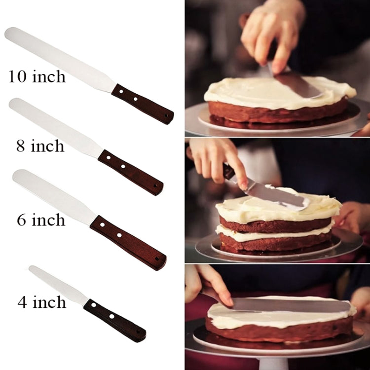 Assorted size wooden-handled stainless steel icing knives spatulas: 10, 8, 6, and 4 inch