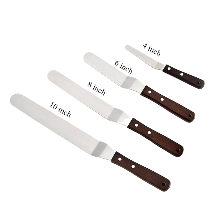 Set of 4 wooden-handled stainless steel icing knives spatulas labeled 10, 8, 6, and 4 inch
