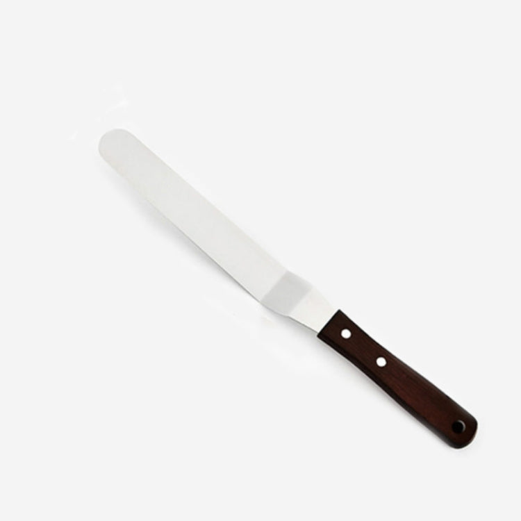 Wood-handled stainless steel spatula icing knife with white blade and 2 holes on handle
