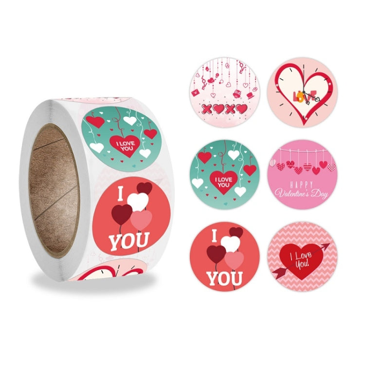 Valentine heart sticker labels set, round designs with love you text