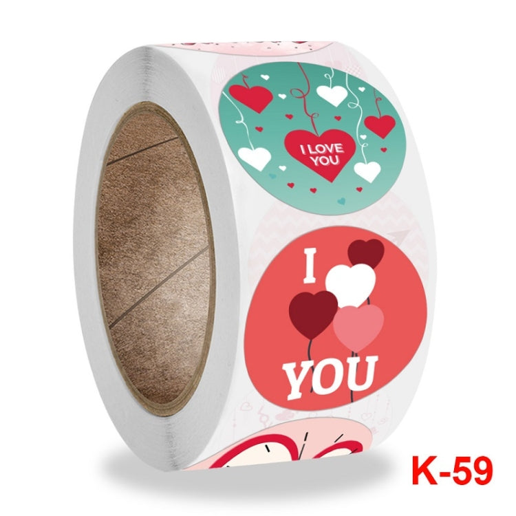 Roll of round Valentine heart stickers, teal hearts and red “I Love You”