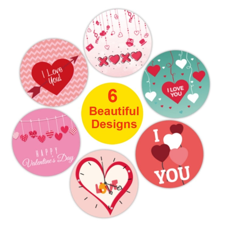 Round Valentine heart sticker labels, six designs with hearts and “I Love You”