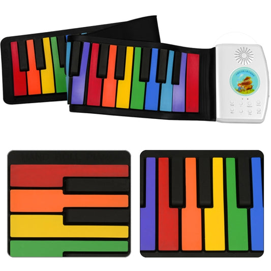 Foldable roll-up piano with multicolor keys and white side control buttons