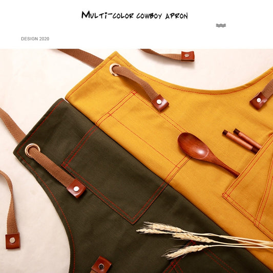 Multi-color apron with front pockets, cross-back straps, and hanging utensil loops