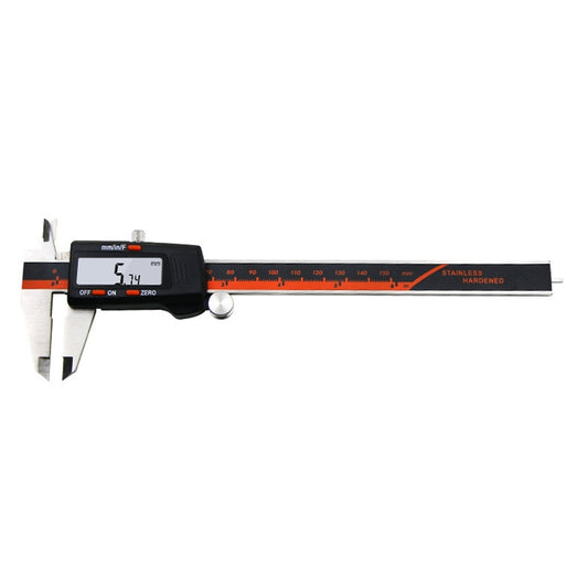 Stainless digital caliper with LCD readout, slider jaws, and black housing