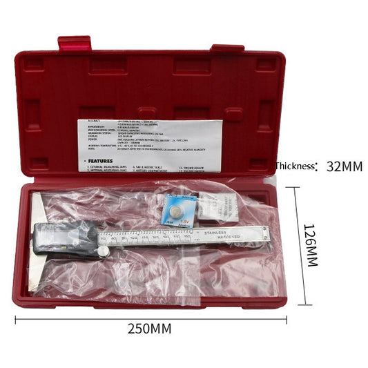 Depth gauge caliper set in red plastic case with wrapped caliper and accessories