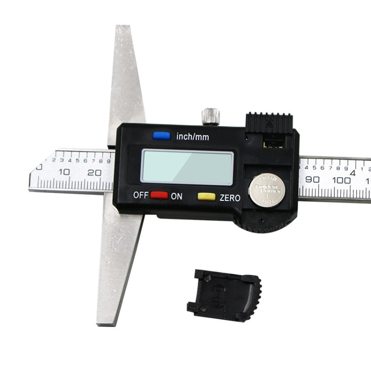 Digital depth gauge caliper with LCD display, stainless ruler, and depth probe