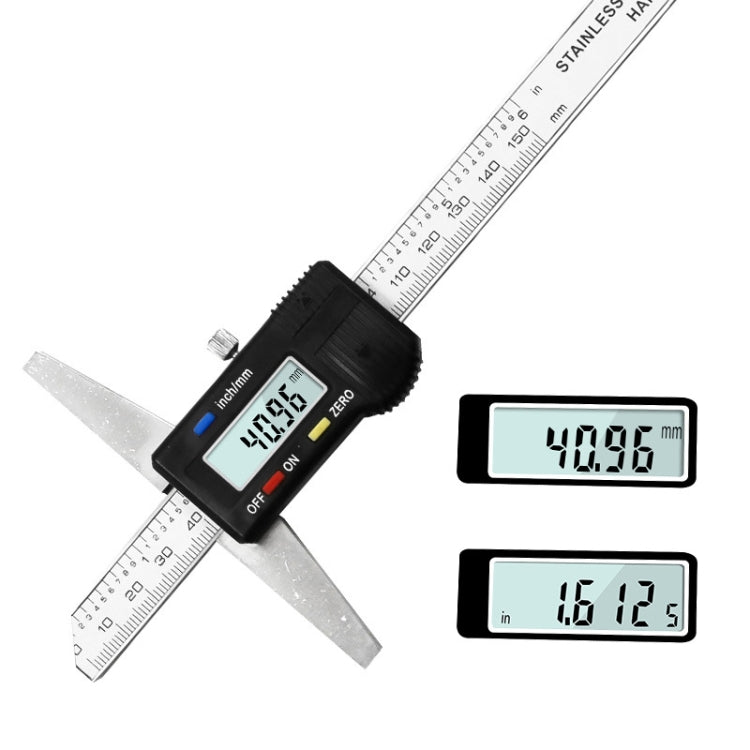 Stainless digital caliper depth gauge with LCD reading and inch/mm measurement scales