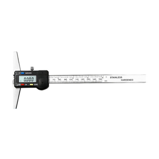 Digital depth gauge caliper with LCD screen and stainless depth scale, black body