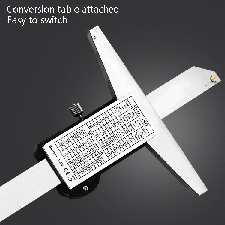 Depth gauge conversion table attached to ruler with inch/mm switching mechanism