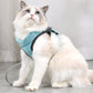 Cat chest harness with leash, light blue fabric with black adjustable strap