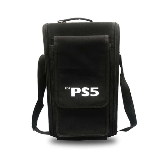 Black PS5 travel storage protection bag with flap front and adjustable shoulder strap