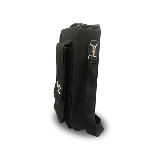 Black single-shoulder console bag with metal buckles and side pocket