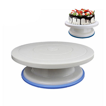 Round plastic cake turntable with raised center for frosting decorating
