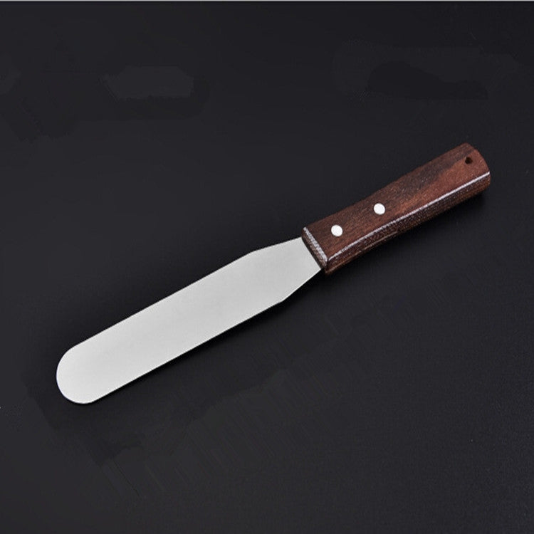 Stainless steel straight cake spatula with dark wood handle and two rivet dots