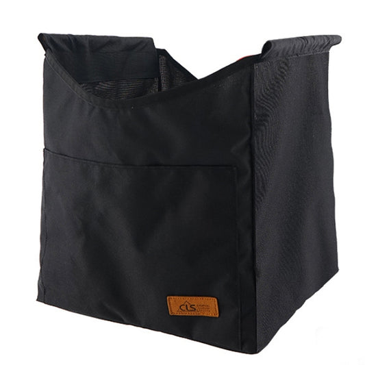 Black storage hanging bag with side panel pocket and stitched top opening