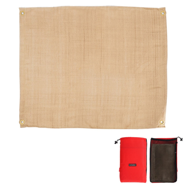 Beige heat insulation pad cloth with corner grommets and red storage pouch.
